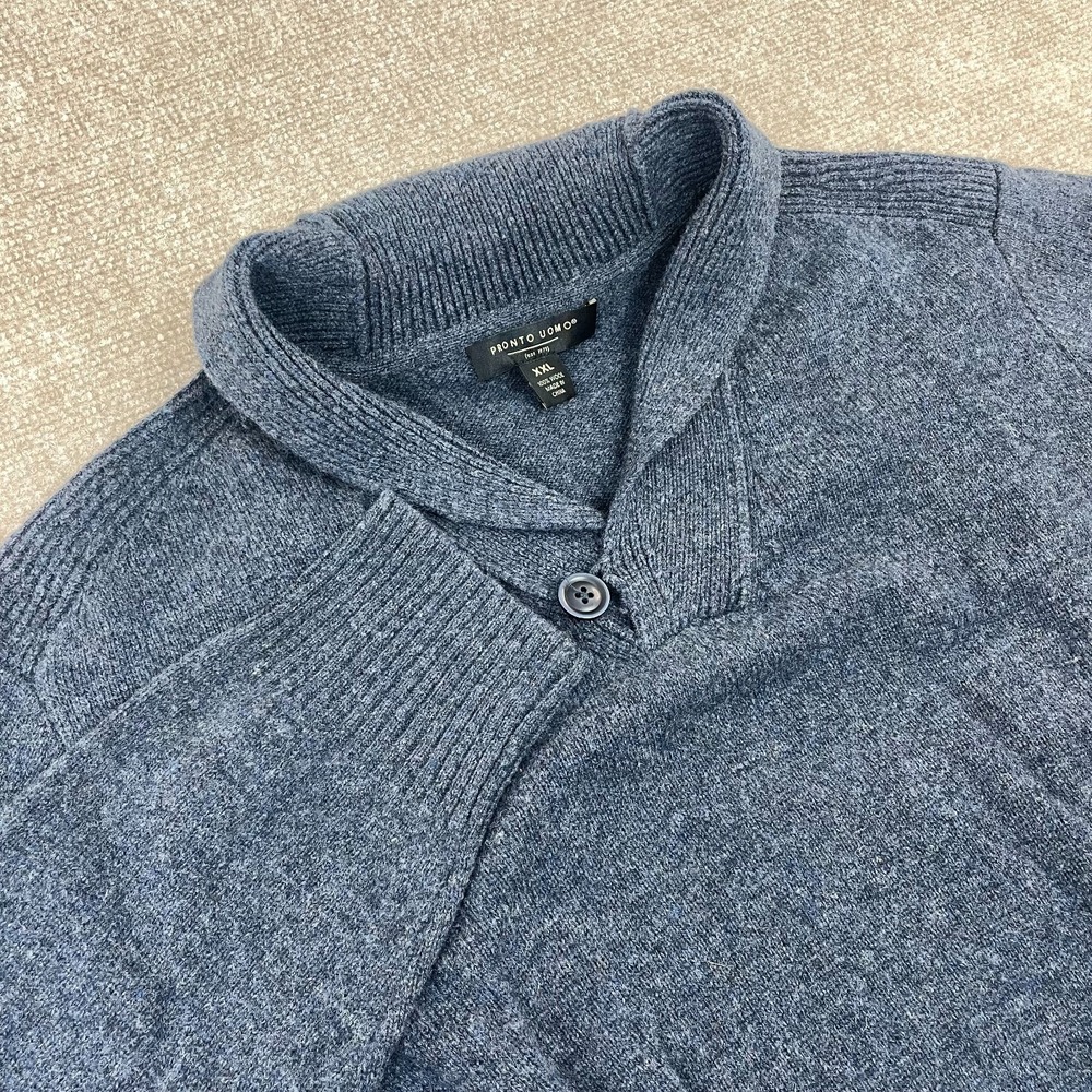 Pronto Uomo Sweater Men 2XL Blue Wool Ribbed Tight Knit Shawl Collar Warm Winter